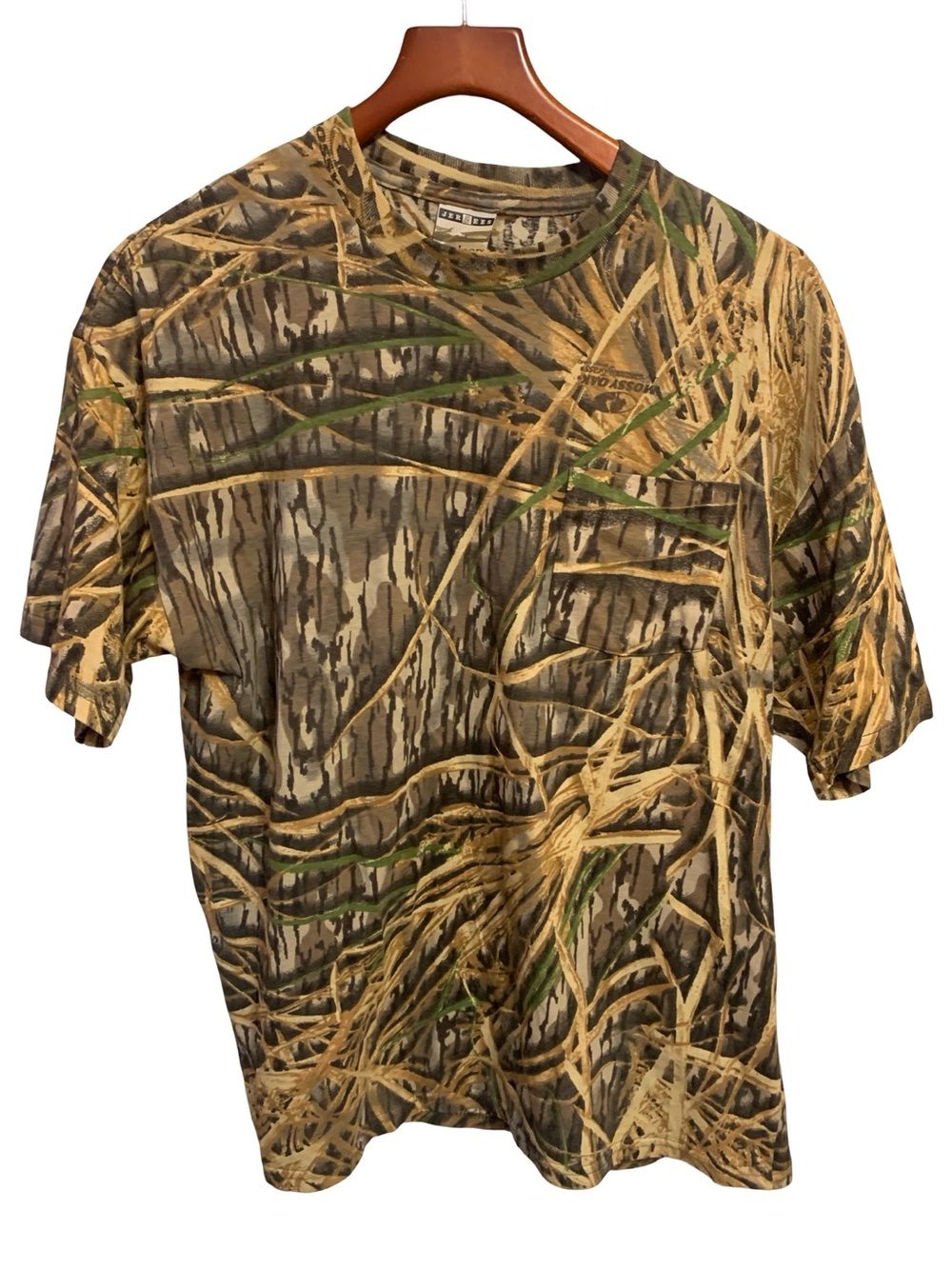 Vintage Mossy Oak/Jerzees Mens XL Wetland Camo Hunting Henley Short Sleeve Shirt